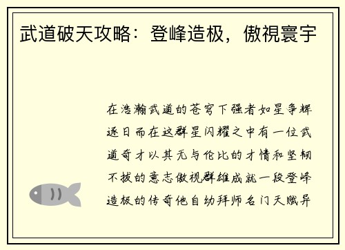 武道破天攻略：登峰造极，傲視寰宇